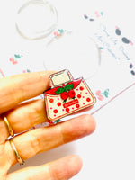 Load image into Gallery viewer, Cherry handbag pin retro 50s inspired brooch vintage
