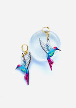 Load image into Gallery viewer, Colourful hummingbird dangle huggie hoop earrings by Rosie Rose Parker
