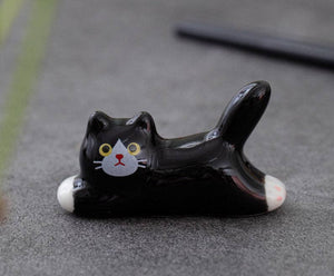 Ceramic Lying Cat Chopstick Rest - Black cat