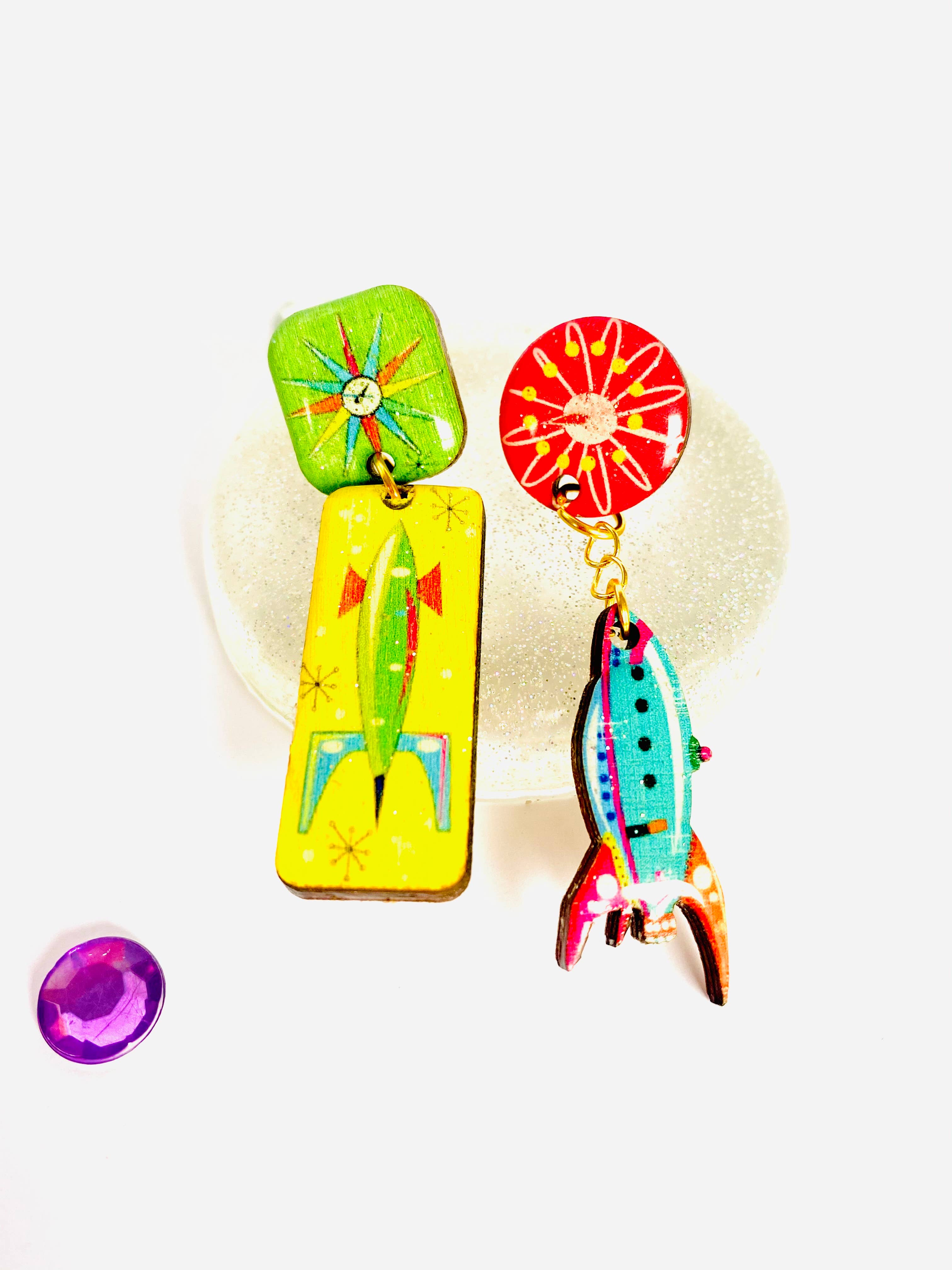 Funky mismatched rocket vintage retro statement earrings by Rosie Rose Parker