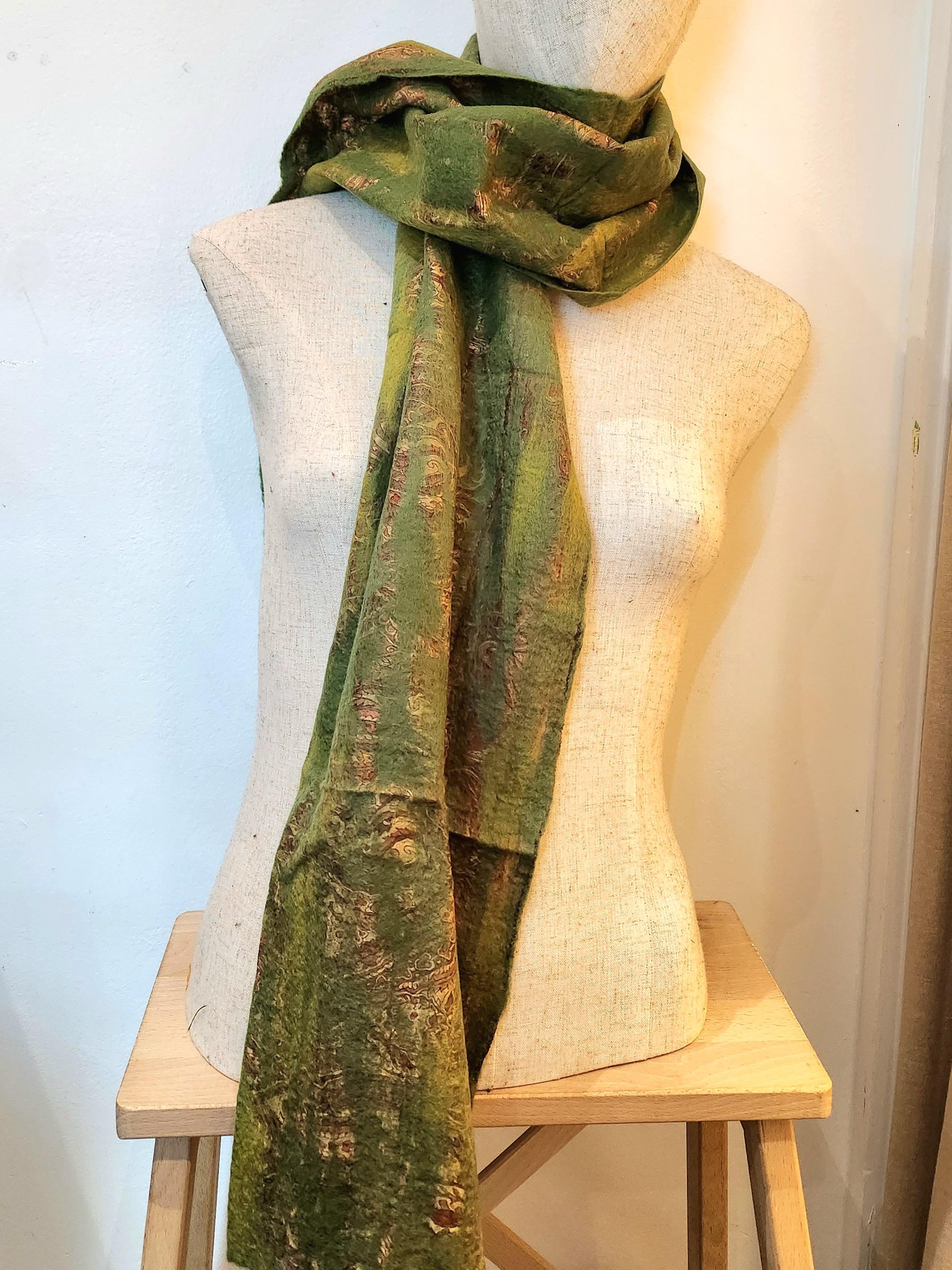 Felt and Silk Scarf - Olive Green