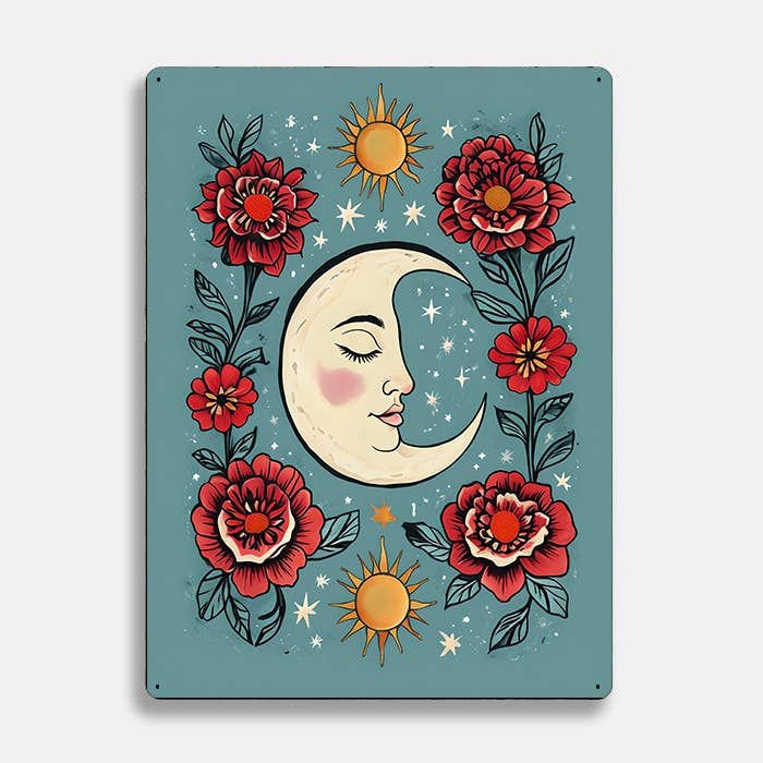 Crescent Moon Flowers scandinavian folk Metal Sign Plaque: 11x16inch