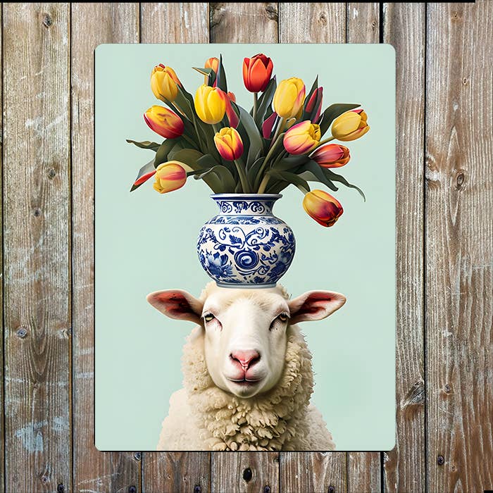 Sheep with Vibrant Tulips On Head Spring Metal Sign Plaque: 11x16inch