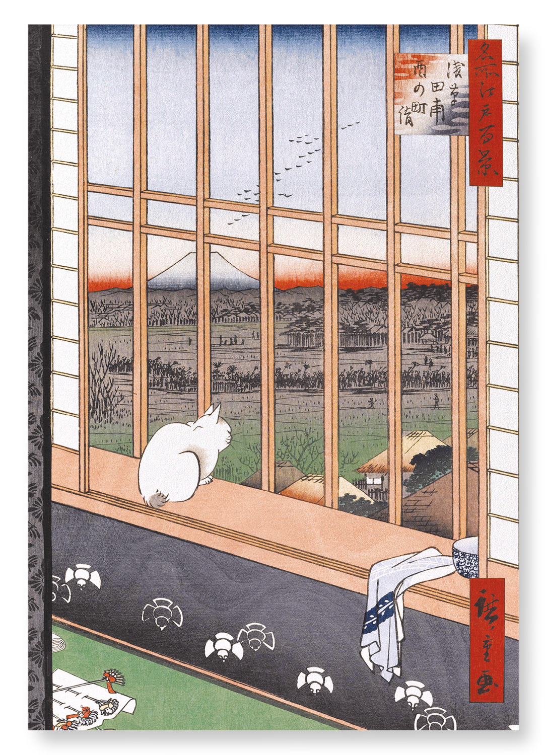 ASAKUSA RICE FIELDS CAT: Japanese Art Print: A4