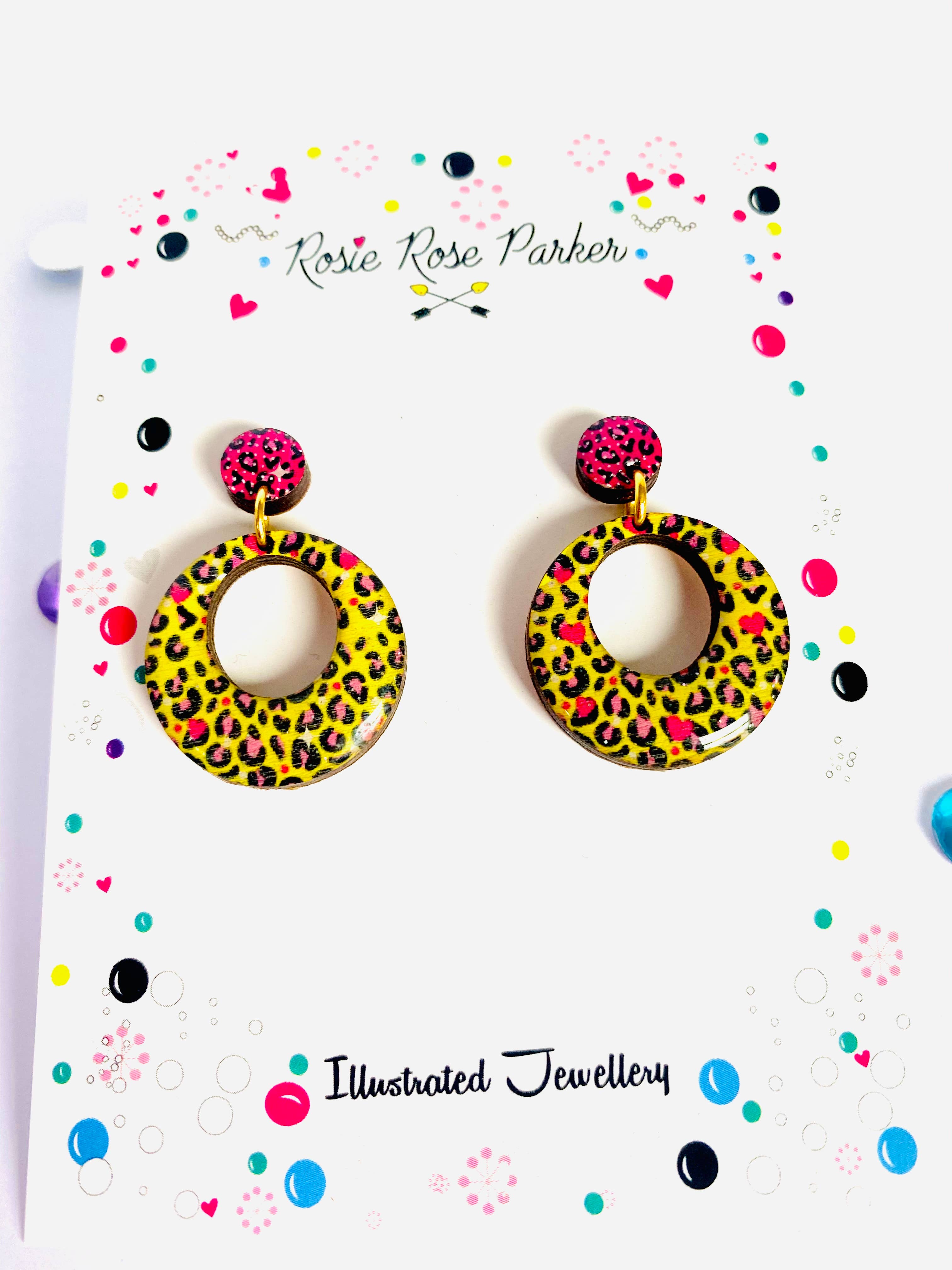 Leopard print yellow dangle earrings summer quirky vintage