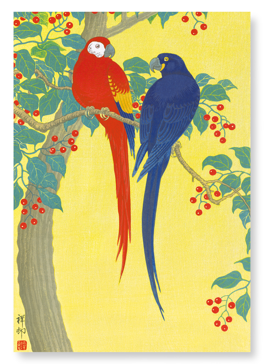 TWO PARROTS AND BERRIES: Japanese Art Print: A4