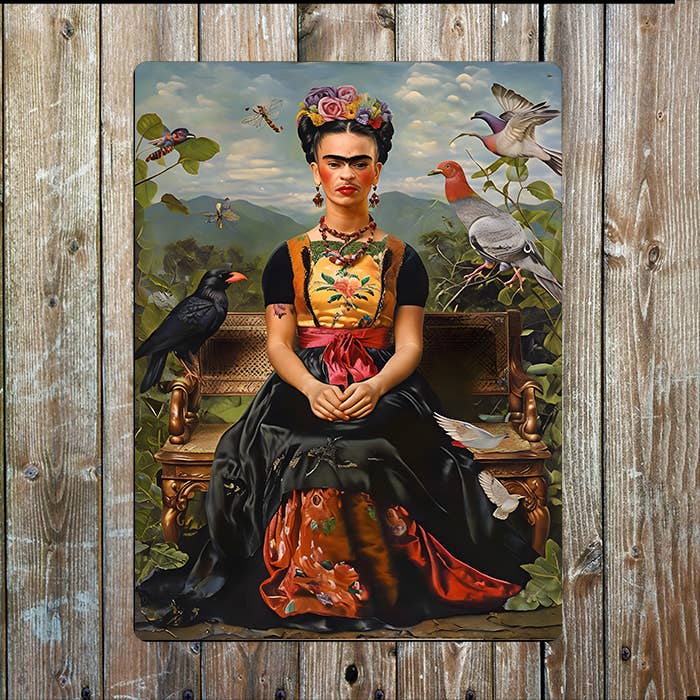 Frida Kahlo Portrait Surrounded By Birds | Metal Sign Plaque: 11x16inch