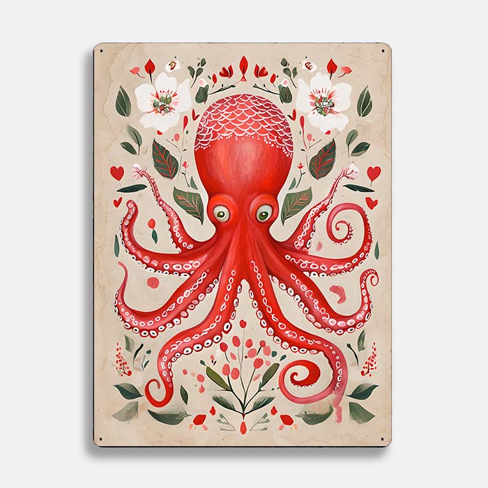 Red Octopus scandinavian folk Metal Sign Plaque: 11x16inch