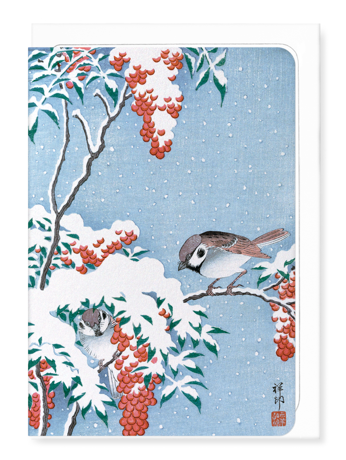 SPARROWS ON NANDINA: Japanese Greeting Card