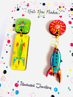 Load image into Gallery viewer, Funky mismatched rocket vintage retro statement earrings by Rosie Rose Parker
