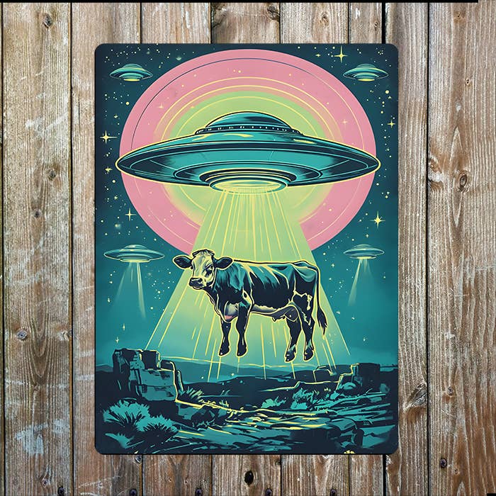 Cow Beamed Up UFO | Alien Retro | Metal Sign Plaque: 11x16inch