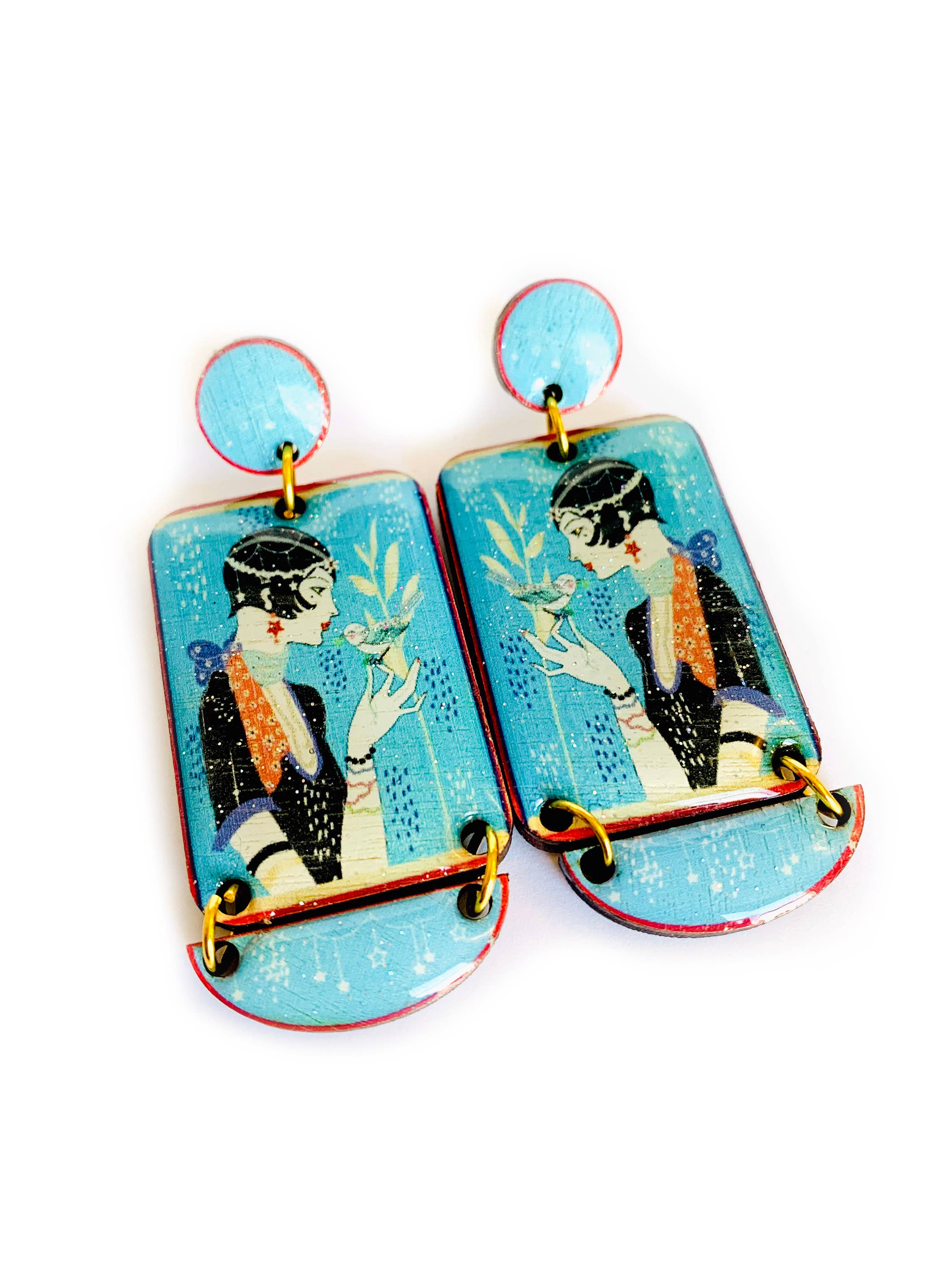 Lady with Bird Art Deco Retro Dangle Earrings
