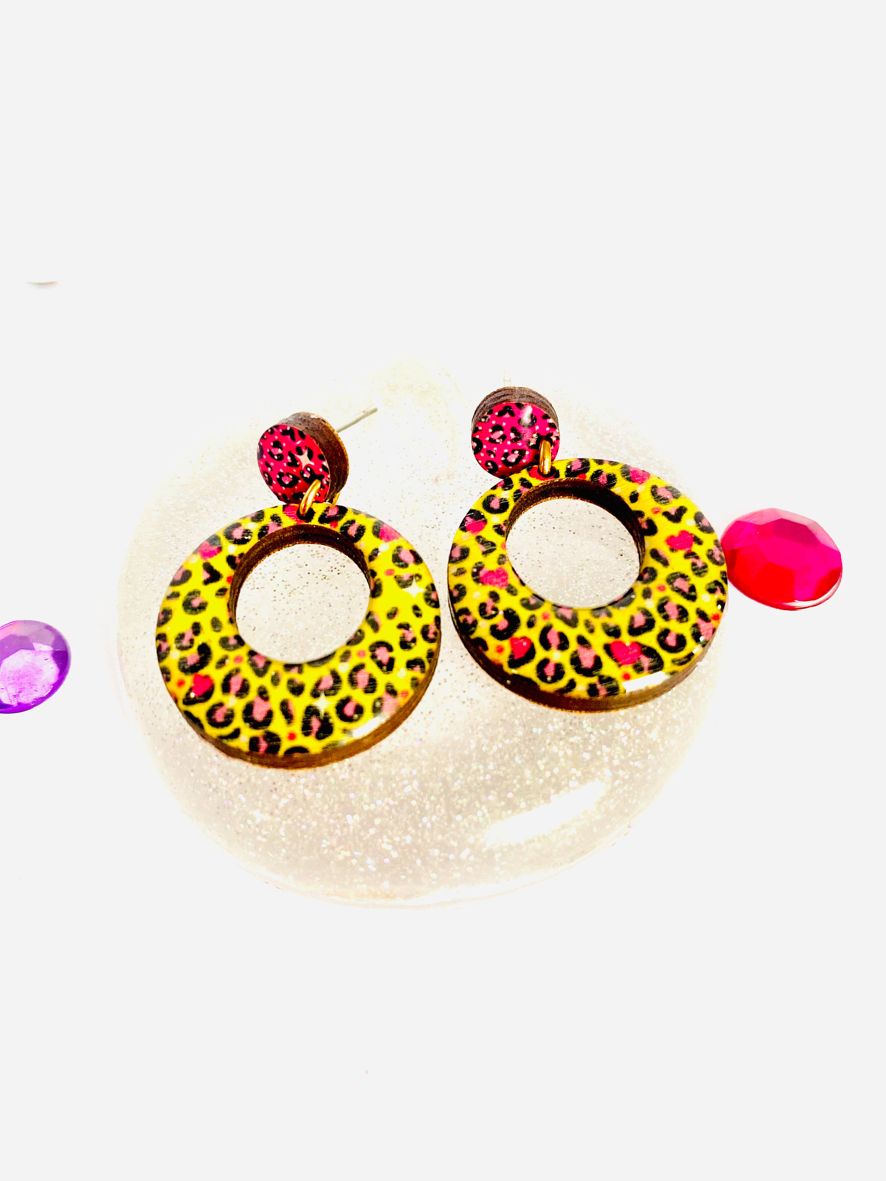 Leopard print yellow dangle earrings summer quirky vintage