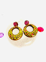 Load image into Gallery viewer, Leopard print yellow dangle earrings summer quirky vintage
