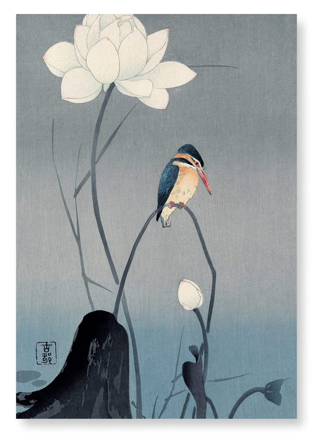 KINGFISHER AND LOTUS: Japanese Art Print: A4