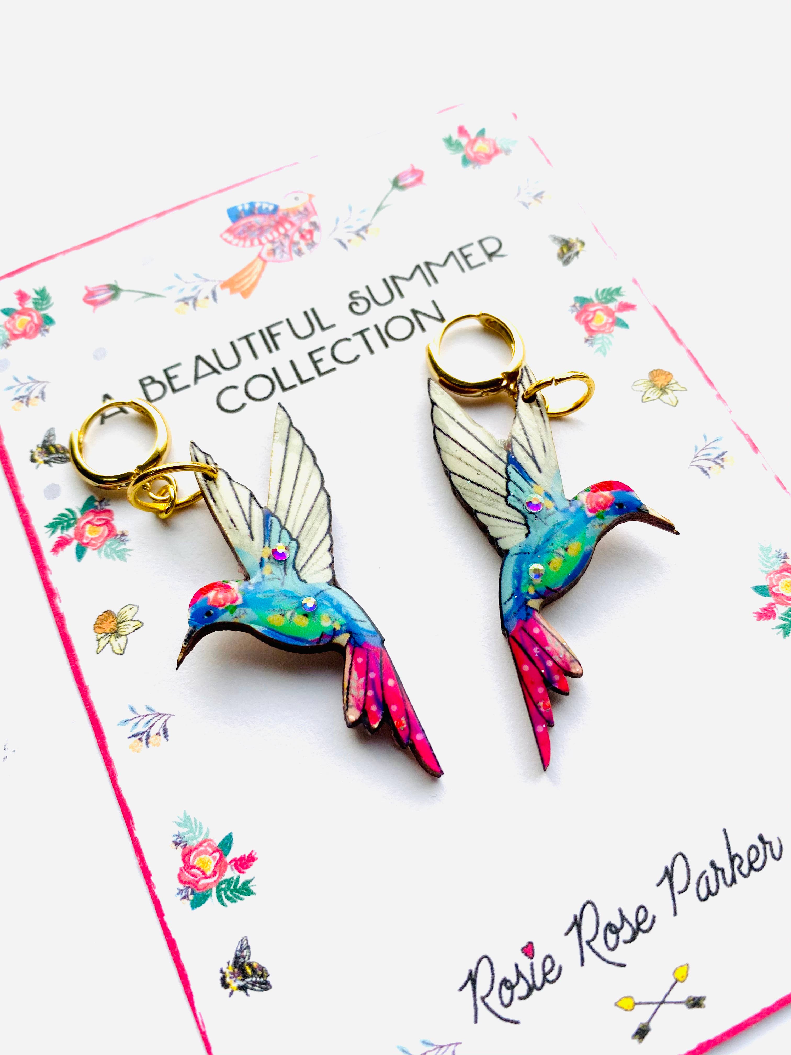 Colourful hummingbird dangle huggie hoop earrings by Rosie Rose Parker