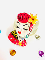 Load image into Gallery viewer, Colourful rockabilly retro girl statement brooch by Rosie Rose Parker
