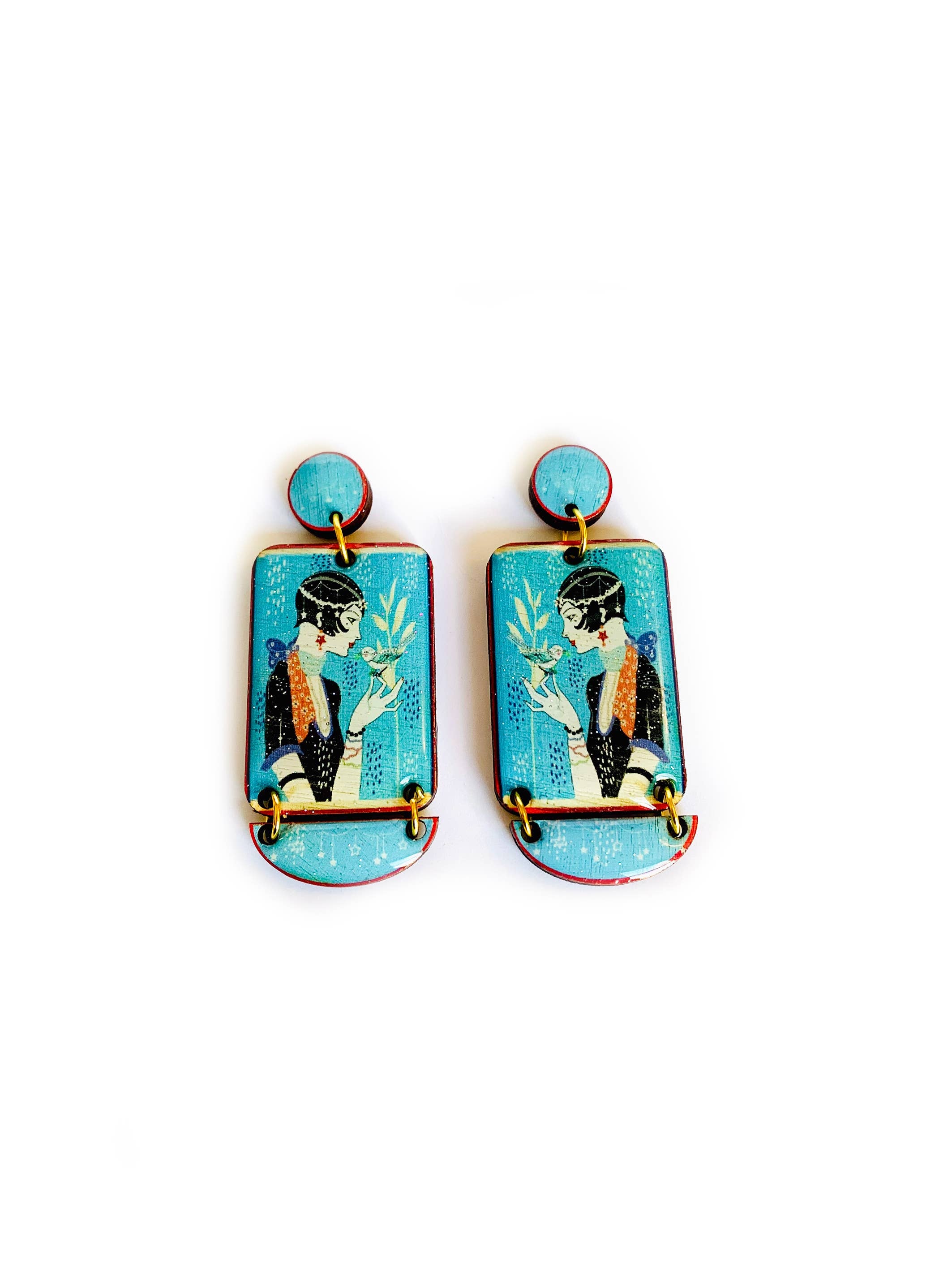 Lady with Bird Art Deco Retro Dangle Earrings
