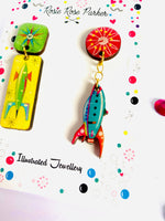 Load image into Gallery viewer, Funky mismatched rocket vintage retro statement earrings by Rosie Rose Parker
