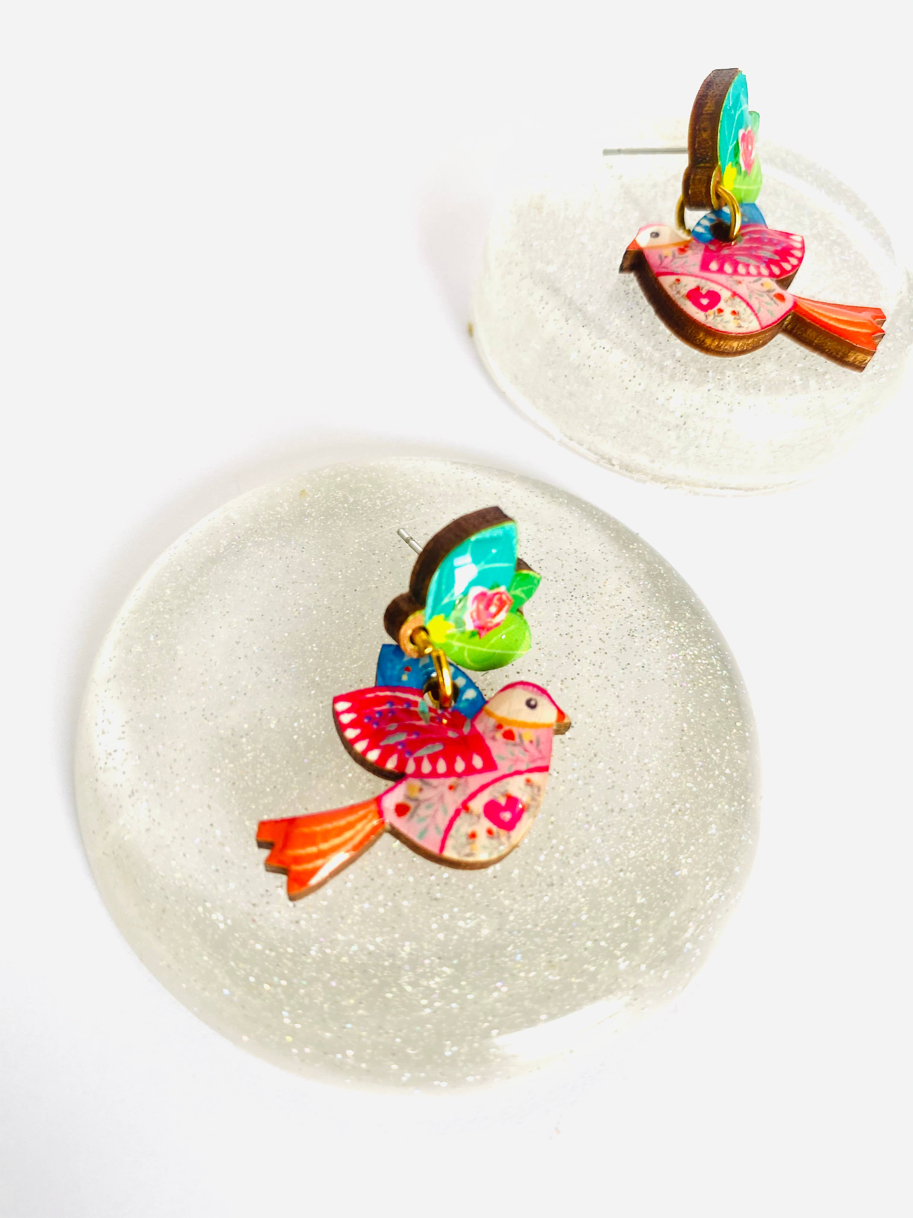 Colourful love bird statement dangle earrings by Rosie Rose Parker
