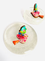 Laden Sie das Bild in den Galerie-Viewer, Colourful love bird statement dangle earrings by Rosie Rose Parker
