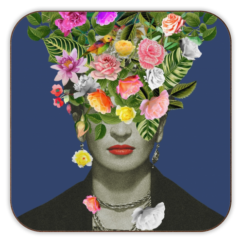 'Frida Floral (Blue)': Cork coaster