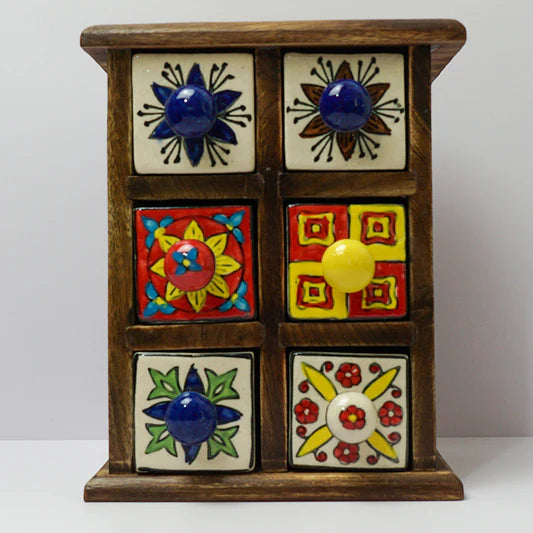 Mango Wood And Ceramic Set Of Drawers - Jewellery Box | 6 Drawer-Multicolour