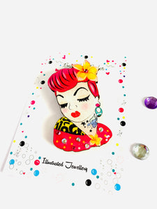 Colourful rockabilly retro girl statement brooch by Rosie Rose Parker
