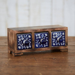 Mango Wood Daisy Blue Three Ceramic Trinket Box